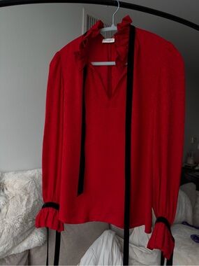 Saint Laurent Red Ruffled Tie-Neck Blouse with Black Ribbon